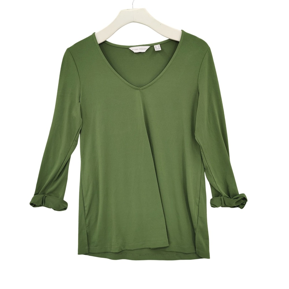 Susan Graver Womens Neutral Liquid Knit Top XS Olive Green Long Sleeve VNeck